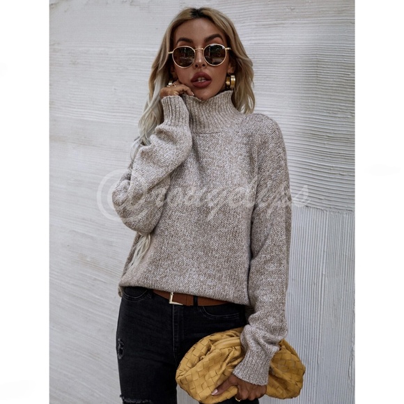 Khaki / Mocha Knit Turtleneck Pullover Sweater Long Sleeve - Picture 3 of 7